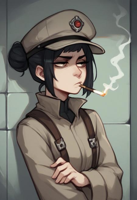 score_9, score_8_up, score_7_up, score_6_up, upper body portrait of a young woman, black hair, pale skin, hair bun, grey worker cap, grey overall, bored, standing next du a futuristic gate, bored, leaning against the wall, eyebags, vaping, smoking vape