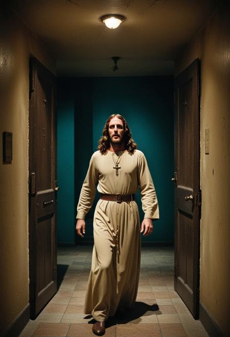 ((Film poster including a dynamic photograph from a colorized 1939 creepy religious drama film, (the worst Christian film ever made), called "The Jesus Room", 
[(Cinematic still), (photograph from a 1939 film) (using 35mm film stock), (using fixed focus prime lenses), (1.37:1 aspect ratio),  ((colorized with 1939 style Technicolor) (three strip technicolor: capturing the red, green, and blue components of the scene on three separate strips of black-and-white film, later combined to create the full-color image appearance) ]