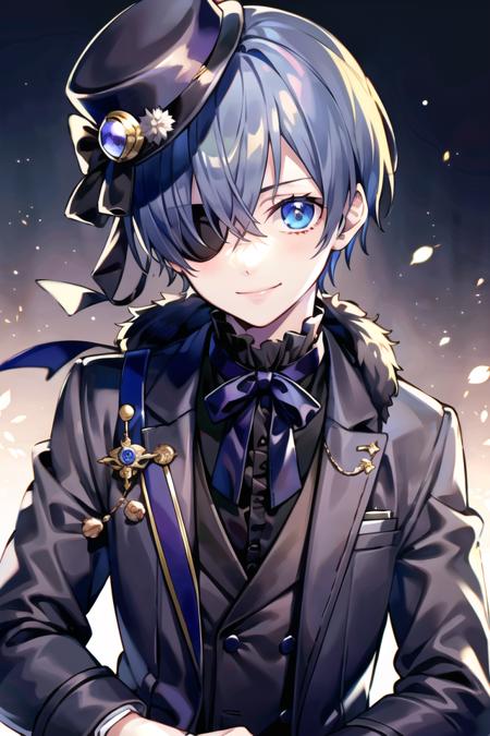 best quality, masterpiece,  <lora:ciel_phantomhivev2-10:0.7>,cielv2, 1boy, solo, looking at viewer, light smile, hat, coat, formal,