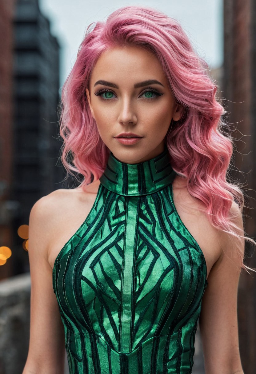 masterpiece, best quality, detailed skin, amazing photograph, 8K, high quality, photorealistic, realism, art photography, Nikon D850, 16k, sharp focus, masterpiece, breathtaking, atmospheric perspective, diffusion, pore correlation, skin imperfections, DSLR, 80mm Sigma f2, depth of field, science fiction, city, green theme, skyscraper, shy, posing, stylish_pose, 4n1v3rs3, 1girl, cute, skinny, (((pink hair))), long wavy hair, long hair, wavy hair, green eyes, emerald eyes, deep eyes, front view, runes and rocks, scarce background, looking_at_viewer, dynamic_angle, head_tilt, masterpiece, (night, closeup), (face focus), leather choker, smoky eyes, beautiful makeup, long dress, ((green dress)), long green dress, dancing, codeandigital, c0dean0igital, cyberw0rlds