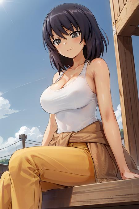 masterpiece, best quality, 1girl, solo, girls und panzer, hoshino, large breasts, white tank top, jumpsuit, clothes around waist,sitting, curb, outdoors, garage, blue sky <lora:Hoshino:0.6>