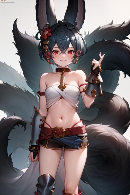 YouGB short hair multiple tails YouBase, short hair, hair ornament, off shoulder, kimono, gloves, white shorts, thigh strap YouEvent, short hair, hair ornament, bare shoulders, collar, collarbone, japanese clothes, white crop top, navel, black shorts, bridal gauntlets