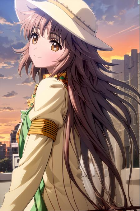 (exceptional, best aesthetic, new, newest, best quality, masterpiece, extremely detailed), 1girl, solo, hanatokobato, absurdly_long_hair, from_behind, looking_back, smile, hat, looking_at_viewer, sunset