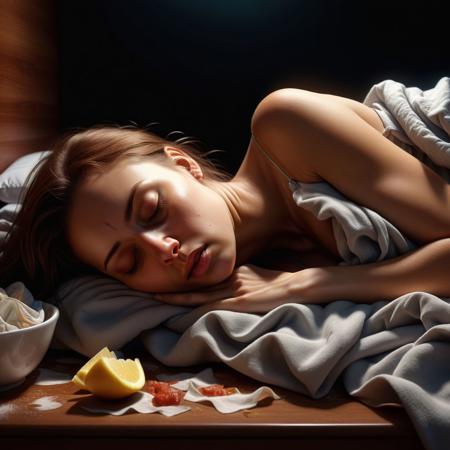 Ultra realistic color pencil  image of a female sleeping her day away,with unwashed laundry, dirty dishes and general mess all around her,
BREAK
Deep dark intense brown misty background, Dark theme, dynamic lighting, (soft shadows), (soft focus), (photo realistic), uhd, 8k