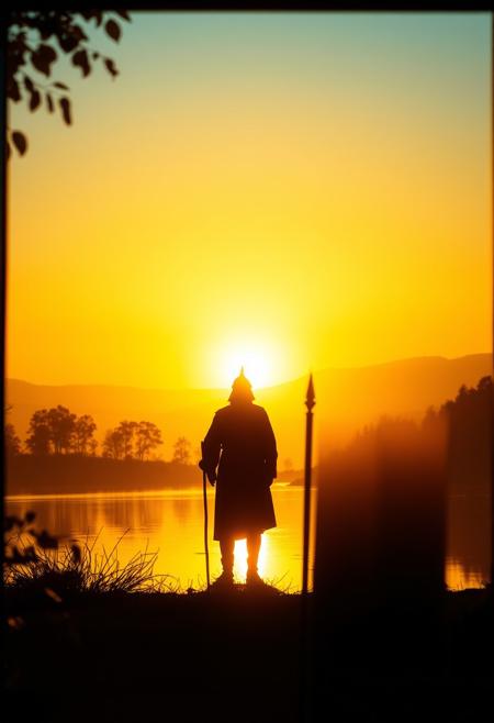 solitary figure stands silhouetted in the foreground, staff in hand, gazing towards a breathtaking sunset landscape. Adorned with a pointed helmet and flowing robes, their dark outline contrasts starkly against the warm, golden background. A serene lake reflects the fiery sky, while trees dot the horizon, their forms softened by the hazy light.
The scene is bathed in a rich palette of oranges, yellows, and golds, as if the world is ablaze with the sun's dying rays. This creates a mystical, almost otherworldly atmosphere that invites contemplation.
The composition evokes a cinematic quality, reminiscent of award-winning cinematography. A wide-angle perspective captures the expansive vista, drawing the eye from the central figure to the luminous landscape beyond. The image appears to be framed, suggesting it's viewed through a screen or doorway, adding depth and focus.
Careful use of silhouette and backlighting lends a dreamlike quality to the scene. Fine details like leaves and water ripples are just discernible, softened by the suffusing light. This delicate balance between detail and abstraction enhances the image's emotive power.
As day fades to dusk, this captivating tableau invites viewers to pause and reflect, blending natural beauty with human presence in a moment of visual poetry.
