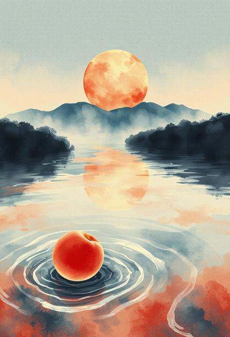 The peach flows backwards down a great river and floats on its surface.
Japanese art style, Japanese ink painting, 
best quality, sharp focus, high contrast, colorful, ultra quality, 8k, best quality,