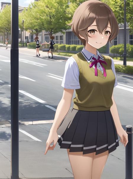 outdoor activity,
 <lora:Fujimori_Mito-10:0.7>,1girl, solo,smile, short hair, skirt,brown hair, shirt, ribbon, brown eyes, school uniform, short sleeves, pleated skirt, green sweater vest