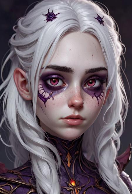 A young  woman with dark violet skin and white hair. Her eyes are the deep red of the followers  of Lolth. Her cute nose and cheeks are adorned by natural freckles. She has a scar over her left eyebrow.