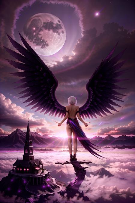 1girl, solo, short hair, dress, standing, white hair, black_hair, utdoors, wings, sky, cloud, from behind, tree, glowing, back, moon, cloudy sky, star \(sky\), scenery, feathered wings, mountain, fantasy, old, single wing, multiple wings, pillarboxed, large wings, eldritch abomination