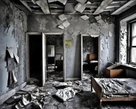 best quality, realistic, vray, hdr, inside a post-apocalyptic collapsed bedroom, dust-laden bed, peeling wallpaper, shattered mirror, moth-ravaged wardrobe., by Gordon Parks,   <lora:Chenorbyl_v1:0.8> Chern4byl enviroment