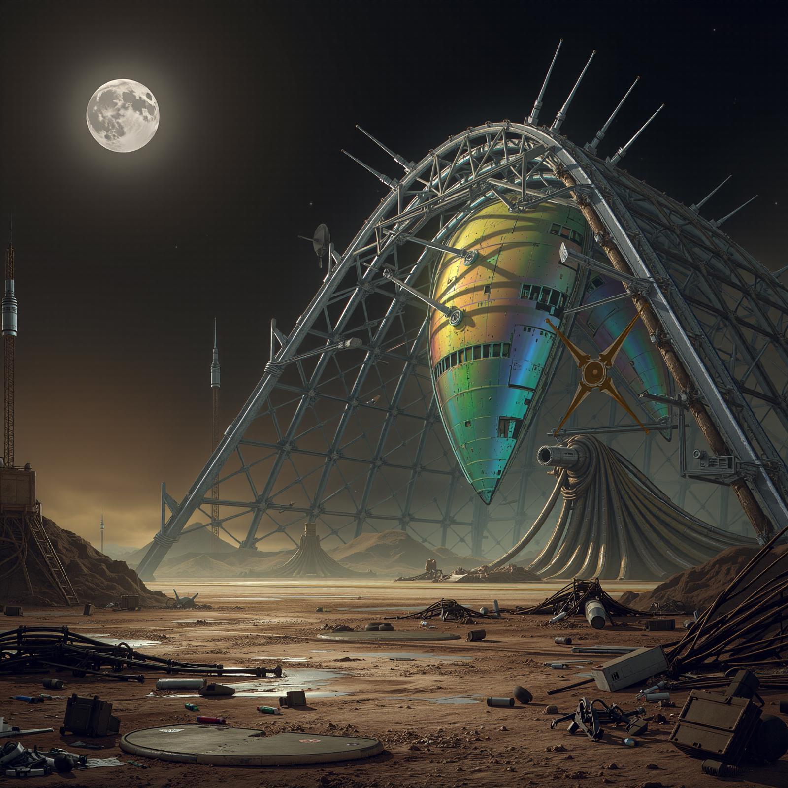 Sci-fi landscape, derelict alien structure, holographic iridescence, massive metal arches, dark skies, damaged antennas. Ground littered with debris, scattered wreckage, distant moon, dim light.