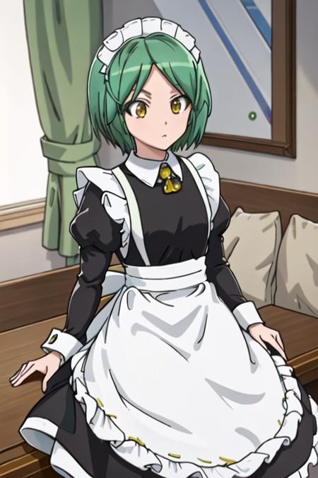 best quality, masterpiece, highres, solo, {maid:1.40}, {long maid dress:1.15}, {minano_matome_mangakasantoassistantsanto:1.15}, green_hair, short_hair, yellow_eyes