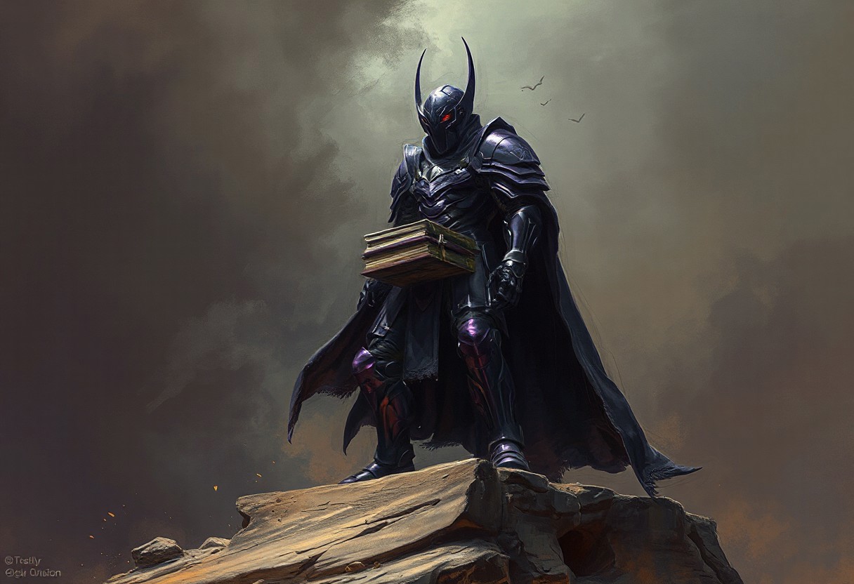 A Drill Warrior stands on a House of Sand with sleek, purple armor, embodying doomsday in a detailed, full-shot illustration. The dark knight's strong walls are enhanced with a dark washed tint and led color, holding a stack of books. The art, inspired by Beksinski, Dan Mumford, Hajime Sorayama, and others, features a dark, detailed background with intricate, hyper-realistic details. This digital painting, trending on ArtStation and CG Society, boasts porcelain skin and 8k resolution, aiming for an HD, award-winning concept art piece.