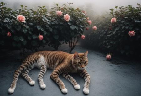 Highly detailed photo of cat with (((Long legs:1.8)) laying under rose bush,  uhd, 8k, ultra realistic, sunny, (cold colors), damp, moist, intricate details, shallow depth of field, [volumetric fog], cinematic lighting, reflections, photographed on a Canon EOS R5, 50mm lens, F/2.8, HDR, 8k resolution, cinematic film still from cyberpunk movie