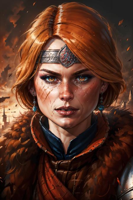 (masterpiece, top quality, best quality, official art, detailed:1.2), <lora:cerys:0.7>, cerysW3, 1girl, solo, looking at viewer, brown eyes, jewelry, closed mouth, earrings, lips, headband, portrait, scar on face, realistic