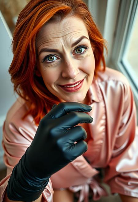 A pretty mature woman looking down at the viewer. She is fitting a latex glove. Her hair is red and her eyes are bright green. She has a condescending smile in her face as if she were planning something evil. She is wearing a pretty but casual silk robe, together with fur slides. Her body is toned and fit. She is in her mid 40s and looks very attractive. The image comes from a low angle as if the viewer were from down on the floor.