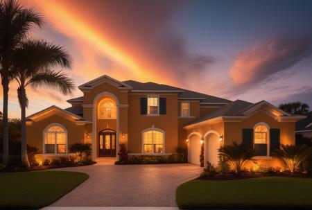 sunset, Florida, Sarasota, real estate, dramatic sunset, clouds, golden hour, golden ratio composition,  intricate detail , 8k, , dynamic, cinematic, ultra-detailed, full background,  epic location, vacation photography, magical location, epic, sparkle, glitter, scenery, ((no humans)), drizzle, beautiful, (shiny:1.2), monolithic, bloom:0.4, sparkle, extremely detailed, multicolored fire theme, alluring lighting, rim lighting, HD. Photography real estate photography by Larry Hanna, Jason Miller, Anthony Dimaano, Alex Tonetti, Shawn Talbot.