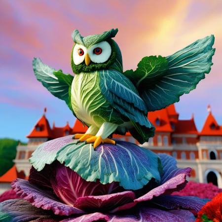 no human, (giant owl made of cabbage over a red castle:1.5), Geometric Pattern Effect: Repeating shapes (tiles, panels) create structured complexity. Color Spectrum Display: Wide range of hues from cool to warm tones.  Reflective Surface Theme: Smooth, light-catching textures evoke motion and depth. Symmetry and Balance: Central alignment with mirrored visual weight. . lazypos, rp_slgd, a surreal owl composed of  obsidian cabbage, wings made of floating cabbage leafs, perched on a red cabbage flower, on top of a red cabbage castle, a kaleidoscope swirling sand sky, glowing purple sand,
, vibrant colors, whimsical design, surreal fantasy, high detail, 4k, strong bokeh