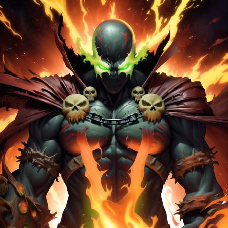 spawn, solo, skull, male focus, red cape, glowing eyes, embers, green fire, glowing, chain, looking at viewer, standing, upper body, intricate details, masterpiece, absurdres, best quality <lora:spawn:0.9>