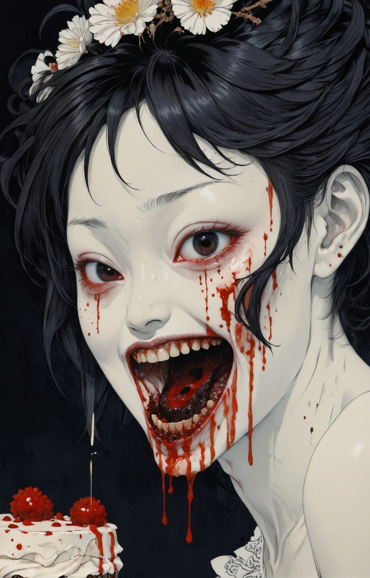 A person with a large mouth has blood dripping down their face.