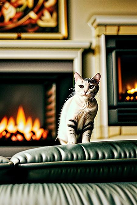 a cat smoking a cigar, sitting on black couch, fireplace,  close up, face,  <lora:vhs:1>