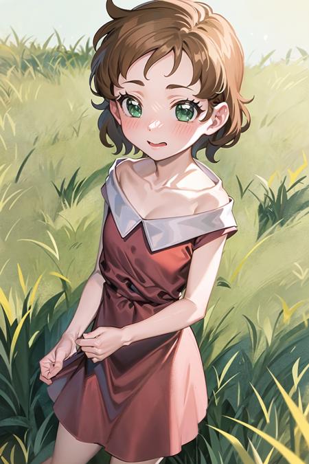 1girl, sndsuzuka, childshort hair, brown hair, green eyes, collarbone, red dress, embarrassed, blush, looking at viewer, standing, grass field  <lora:sounanda-suzuka-000004:0.7>