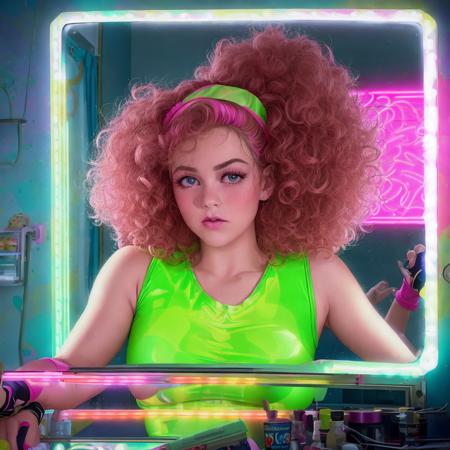 056901868154803retro, 1980s style, frizzy hair, neon leotard, sweatband, room with mirror walls, dance studio, detailed face and eyes, repng