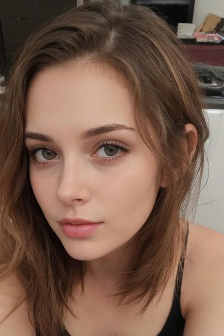 25 yo girl, brunette, close-up, girl next door, cute, innocent, looking at viewer, messy hair, waist up