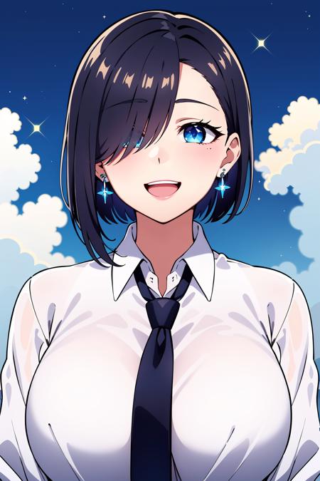 (masterpiece), best quality, expressive eyes, perfect face, solo,
short hair, hair over one eye, blue eyes, black hair, large breasts, white shirt, collared shirt, necktie, button gap, smile, open mouth, earrings,
portrait, night, sky, cloud, sparkle,