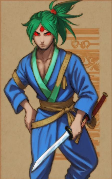 <lora:Hylotl17:0.6>, man, three eyes, asian blue outfit, green hair, asian straw hat, holding sword, intricated, high detailed