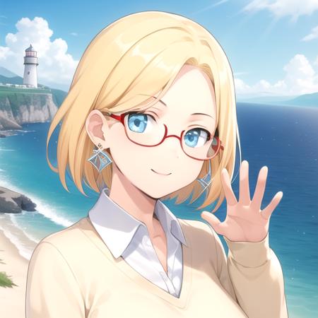 ((masterpiece)),(best quality),official art,extremely detailed CG,unity 8k wallpaper,ultra detailed,A lighthouse on a cliff by the sea,1girl,solo,upper body,(portrait:1.2),looking at viewer,claudia madobe,smile,waving,blonde hair,short hair,blue eyes,glasses,semi-rimless eyewear,red-framed eyewear,jewelry,earrings,large breasts,sweater,shirt under sweater,collared shirt,white shirt,blue skirt,pleated skirt,brown boots,<lora:Claudia Madobe(win):0.8>,