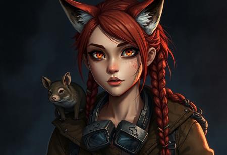 Create an image of a character named Foxy, a young woman with a rugged and resilient appearance, reflecting her life in a post-apocalyptic world. She has red hair styled in braids, with a few colorful beads woven in. Her face shows signs of wear and determination, with a notable absence of pupils in her eyes, giving her a unique and somewhat eerie look. She wears practical, worn-out clothing suitable for survival, including a jacket and goggles around her neck. The background should depict a dimly lit, post-apocalyptic environment, emphasizing the harsh and unpredictable nature of her surroundings. Foxy is often seen talking to her pet rat, Bunny, which only she can see, adding a touch of mystery to her character. The lighting should be dramatic, highlighting her unique features and the stark reality of her world.