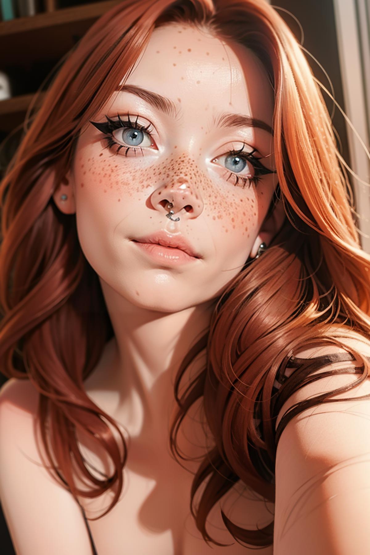A Redhead Woman with Blue Eyes and a Nose Ring Taking a Selfie