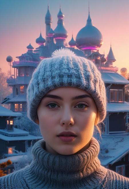 Ultra-clear cinematic portrait of a futuristic ethereal village as a knitted beanie, 
frost-like clusters merge into a serene village under a mystical sunset, 
Victorian architecture intertwined with cyberpunk skyline, 
bioluminescent birds, 
big-eyed astronaut-subject facing viewer with direct eye contact, 
rich colors, 
vivid textures, 
reflective night surfaces, 
ethereal ambiance, 
chiaroscuro of