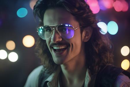 cinematic film still of a laughing (fairy:1.5) played by H4ck3rm4n with a mullet haircut, moustache, wearing glasses in a 1980 synthwave dark fantasy film, action pose . cinematic lighting, shallow depth of field, vignette, highly detailed, high budget, bokeh, cinemascope, moody, epic, gorgeous, film grain, grainy