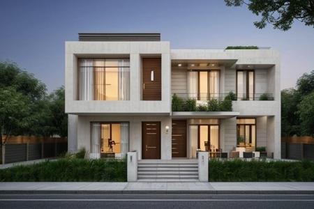 full facade one stunning house building  on the street, modern villa with,architectral view,beautiful landscape,housev1