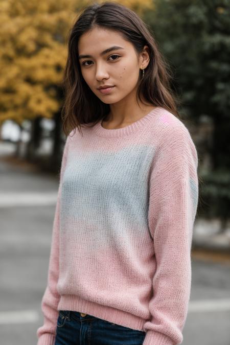 RAW photo of chrslnsct, colorful sweater, (high detailed skin:1.2), 8k uhd, dslr, soft lighting, high quality, film grain, Fujifilm XT3,  <lyco:chrslnsct:1.0>
