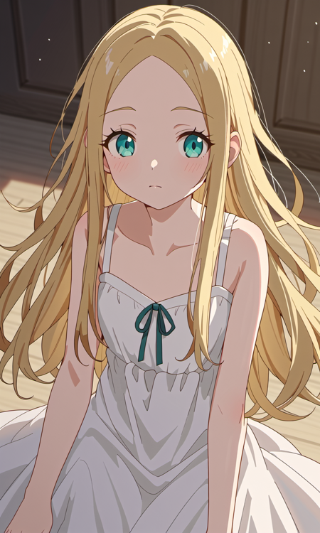 n1n4TE, blonde hair, long hair, cyan eyes, white dress