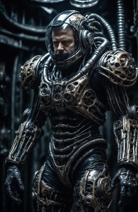 Cinematic still image of man in a scifi spacesuit, background is scary dendrite , abstract black oil, gear mecha, grunge, intricate complexity, photorealistic , dramatic composition, environment details, sense of dread and horror, scifi dark moody , dark ambience, mysterious, Hans Ruedi Giger style, Cinematic, Color Grading, Dramatic, Fear