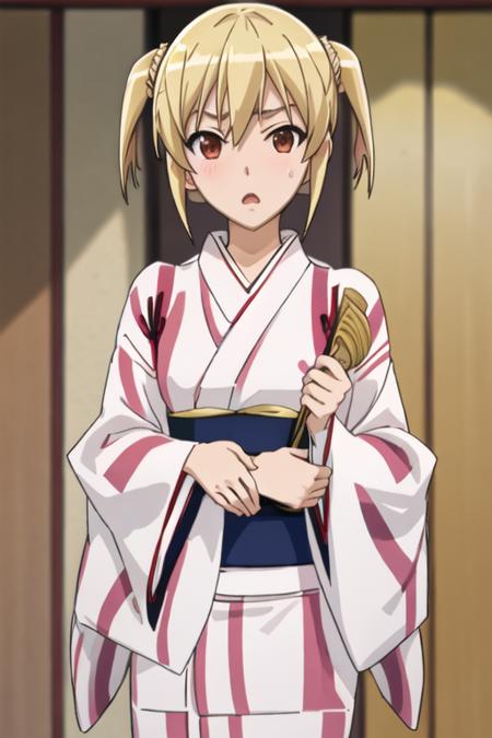 best quality, masterpiece, highres, solo, {otosuna_mihari_mangakasantoassistantsanto:1.15}, blonde_hair, short_hair, open_mouth, brown_eyes, red_eyes, 1girl, japanese_clothes, kimono, yukata, bangs, sweatdrop, closed_mouth, pink_kimono, striped_kimono