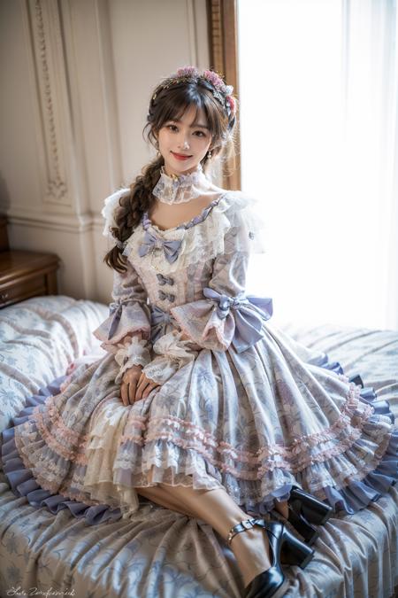 best quality, masterpiece, photorealistic, 1girl, solo, full body, sitting, long black straight hair, blunt bangs, looking at viewer, smile, lo dress, long dress, layered dress, choker, bow, long sleeves, high heels, <lora:lo_dress_vol2_style7_v2:0.65>