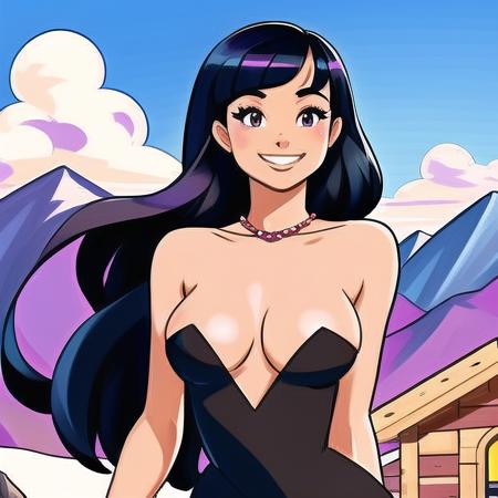 best quality, (black hair), nude, 1girl, (grin), outdoors, mountains, long hair, sky, (sidelocks), city, art by optional_styleAI