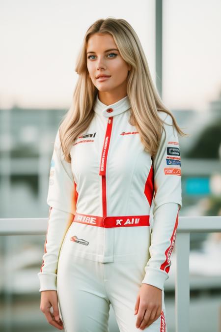 full body shot of lindsaymariebrewerlora wearing a racing suit, looking at viewer, standing, (high detailed skin:1.2), 8k uhd, dslr, soft lighting, high quality, film grain, Fujifilm XT3 <lora:lindsaymariebrewerlora:1>