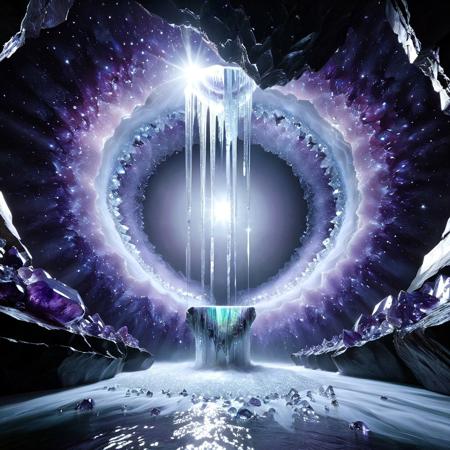 A surreal, hyper-detailed tunnel carved into a massive geode cavern — walls glitter with giant amethyst, quartz, and opal crystals jutting out in fractal formations. A river of molten glass flows down the center like glowing liquid fire, shimmering with iridescent colors, refracting light into rainbow beams that dance across the cavern. Faint mist rises where the molten glass meets the cool crystal air, creating an ethereal atmosphere. Floating crystal shards hover over the river, dripping glowing droplets of molten silica back into the flow. Everything is cinematic, high definition, unreal engine style, with macro shots of tiny crystal details, sparkles, and magical light flares.