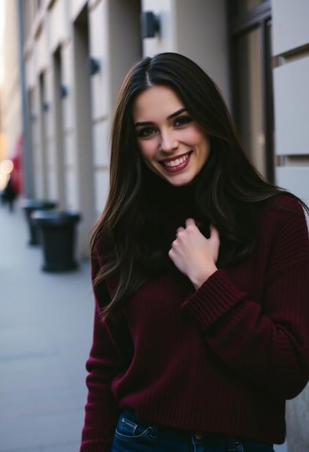 a brunette woman wearing a maroon sweater,she is beautiful,she is smiling in a sexy way, professional photo shoot, urban settings, DSLR, film