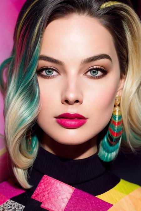 <lora:Margot_Robbie:0.85>, Abstract artwork that uses colorful overlapping shapes to create a portrait of a beautiful female. The look should be inspired by the unique painting styles found in cubism with an emphasis on texture and intricate detail including hand - drawn typefaces& organic flourishes around the eyes, cheeks& nose