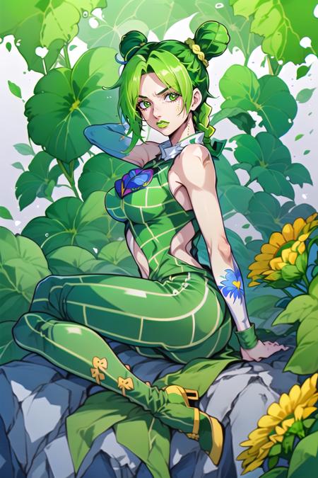 jolyne,  cute,  clothed,  1girl,  solo,  blonde hair,  black hair,  green hair,  detailed,  /hearts background/,  braided ponytail,  green eyes, full body,  character focus,  large breasts,  main outfit,  arm tattoo,  flowers,<lora:EMS-260993-EMS:0.800000>