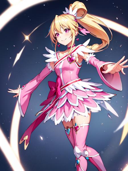 cure heart blonde hair, heart hair ornament, pink skirt, pink sleeves, detached sleeves, boots, heart, hair ribbon, ((pink shorts under skirt)), [[high ponytail]]