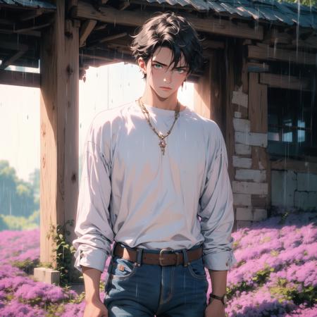 masterpiece, high quality, highres, absurdres, ((1boy)), black hair, green eyes, ((mature man)),  glimmer, glitter, white shirt, jeans, lavender field, rainy day, dark day, sad, glowing, glow, ((half body)), chistyle, style, chi, detailchi, rolling eyes, half body, jewelry, sepia, art, abstrakt art, ((mosaic)),  <lora:GoodHands-beta2 (1):1.5>,   <lora:chiistyle:0.4>, <lora:80'sFusion:0.5>,