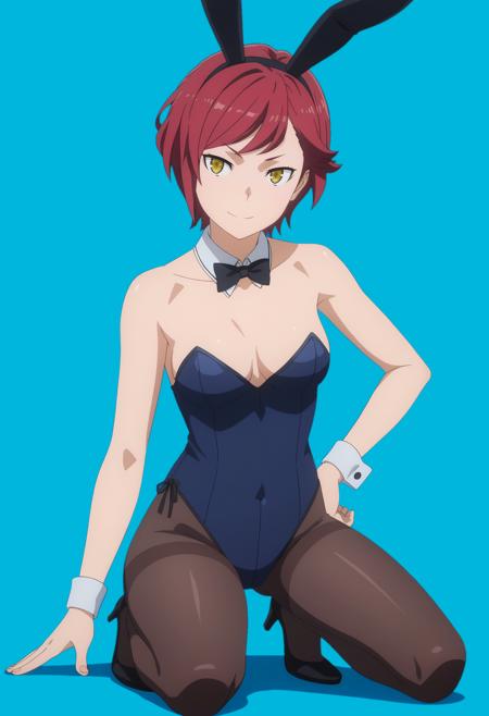 daphne, red hair, yellow eyes, short hair, suit dress, yellow tie, thighhighs, brown gloves,